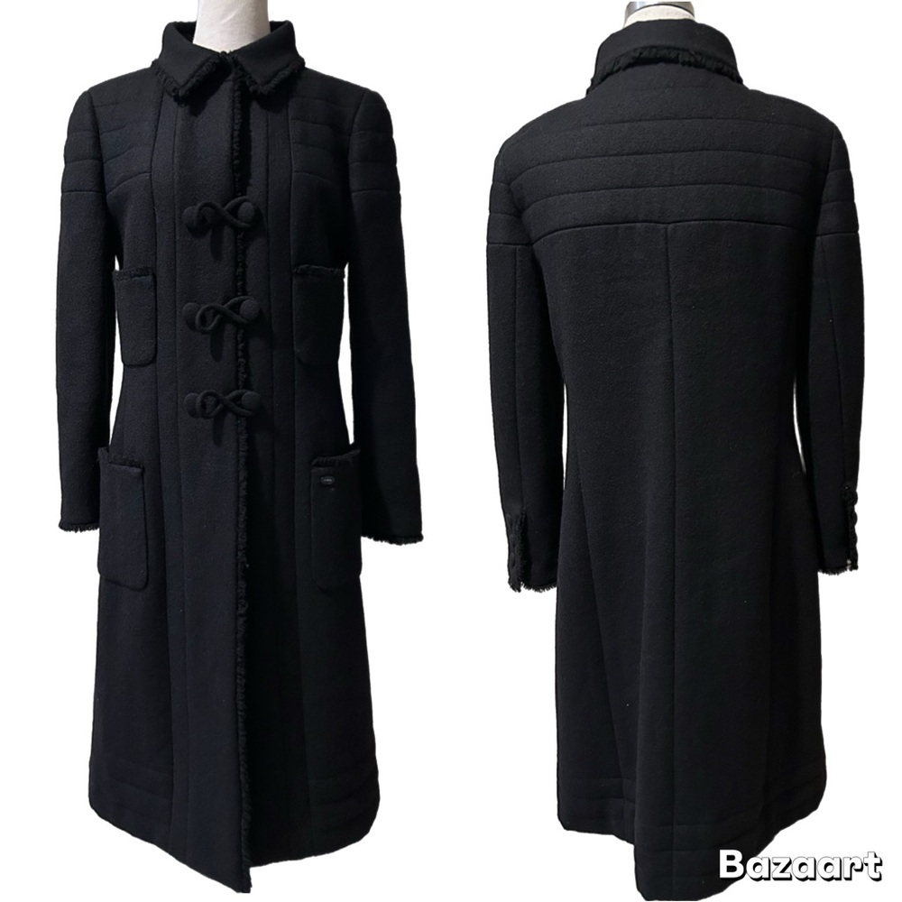 CHANEL 06A Black Wool Mid-Length Fringe Detail Coat